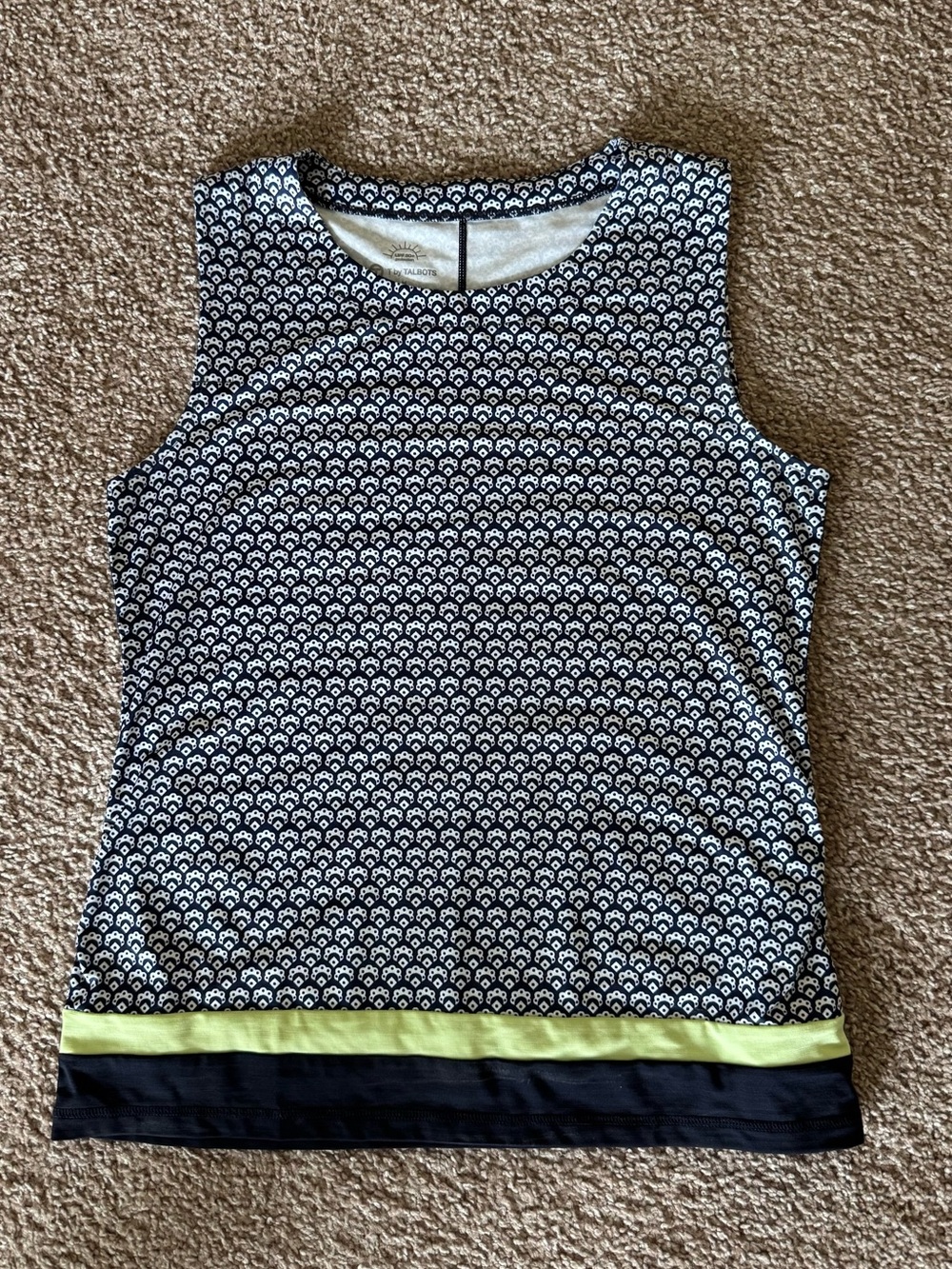 Talbots Sleeveless Navy + White Patterned Activewear Top w/ Lime and Navy Trim M